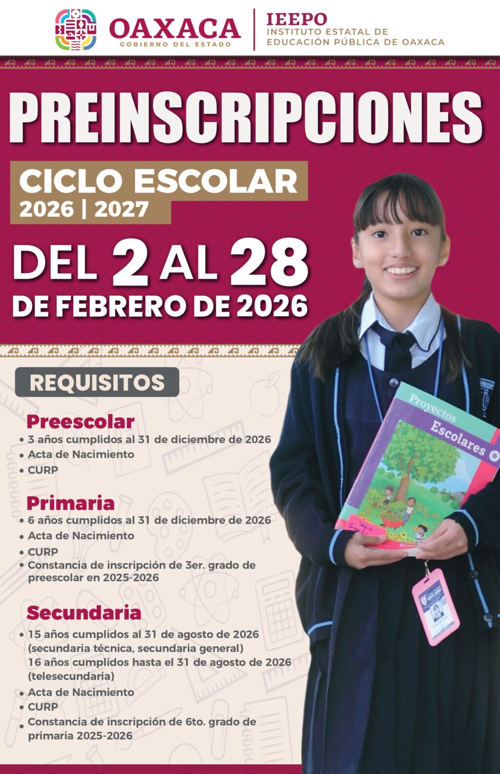 Reinscripciones de educación básica para ciclo escolar 2026-2027 serán del 2 al 28 de febrero IEEPO